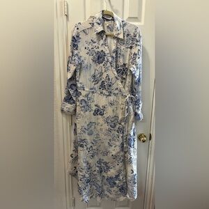 Pilcro Blue Floral Wrap Dress on Cream